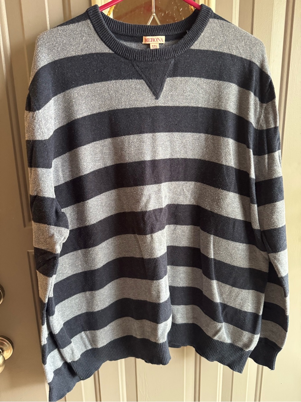 Merona Men's Navy and Light Gray Wide-Strip Crewneck Sweater